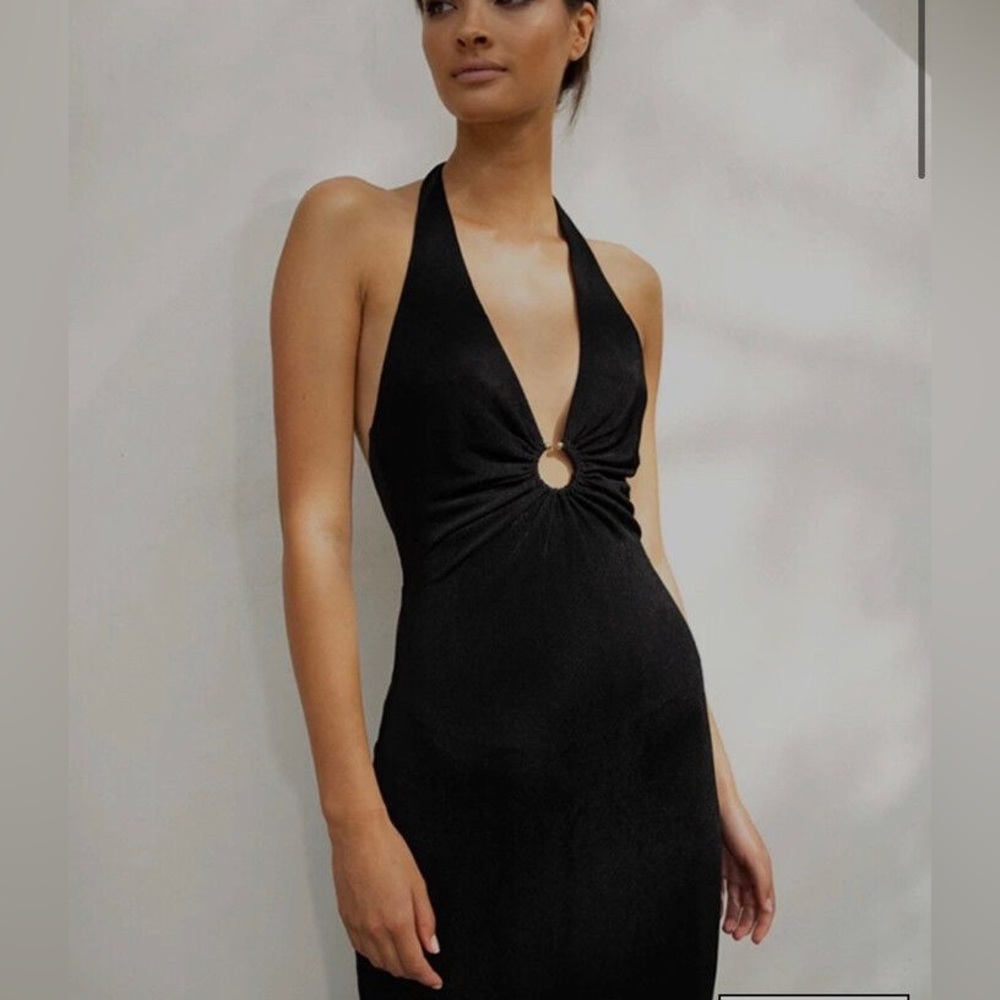 Cache vintage 90s y2k black halter dress deep v neck backless Size M